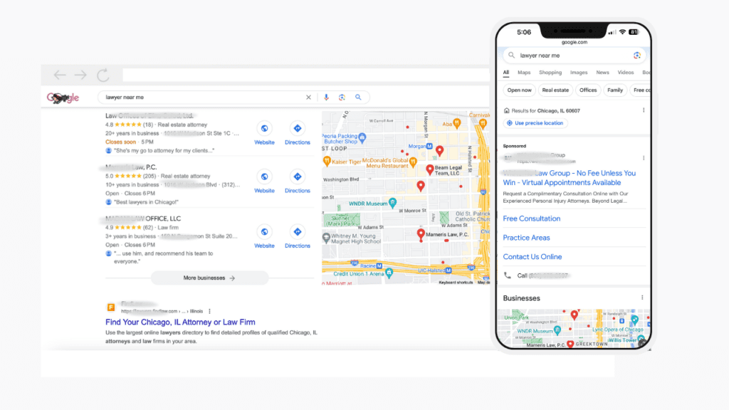 Screenshot Seo for Law firms Google maps on desktop and mobile