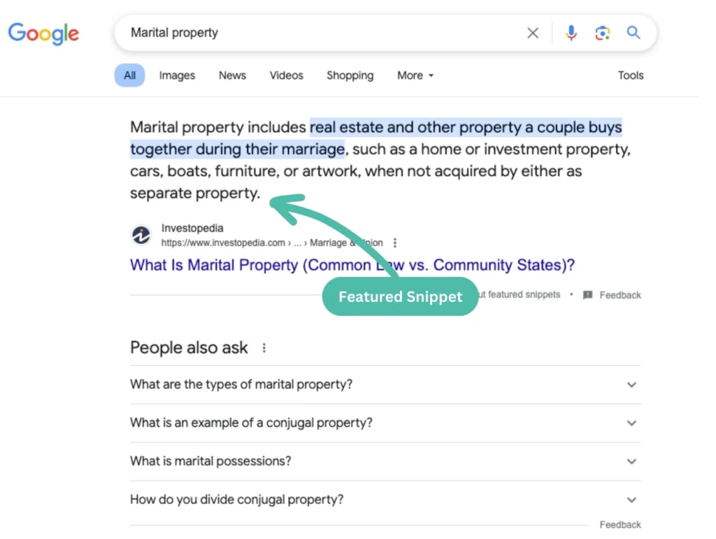 Sample Google snippet for legal content marketing