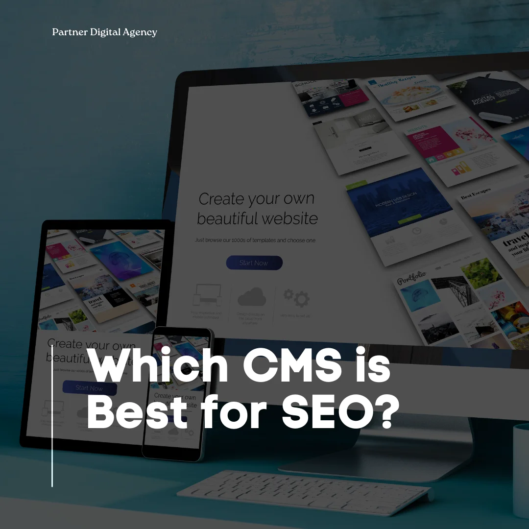 Which CMS is best for SEO blog post banner showing a computer and a website